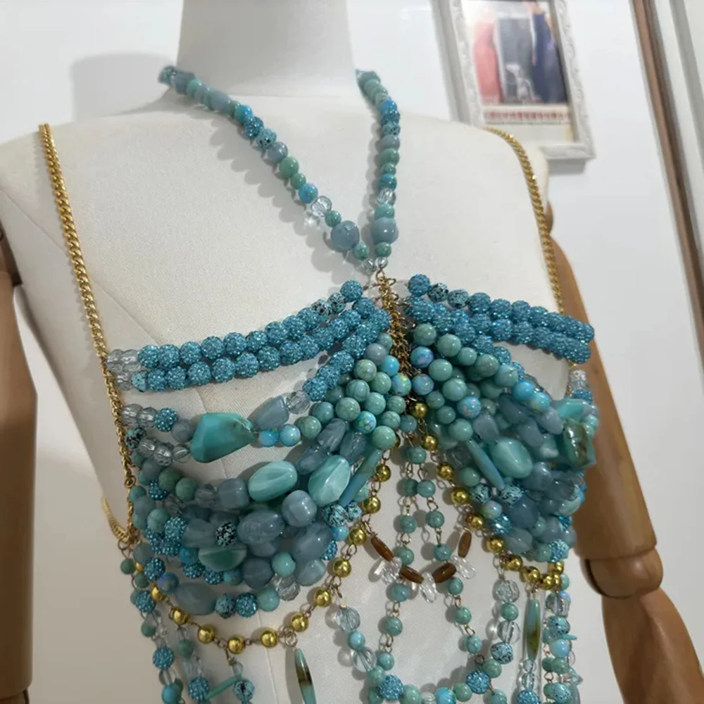 Women's Handmade Turquoise Lavender Multi-Stone Beaded Body Chain Backless Neck Beaded Bustier Bikini Tankini Swimwear Lingeie