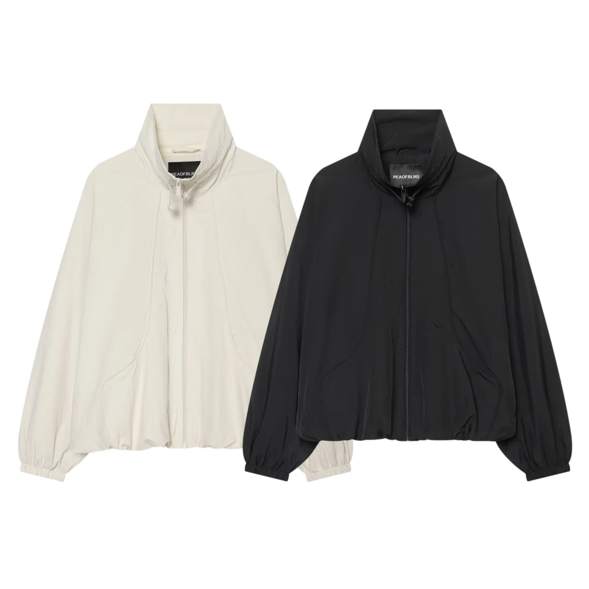 Fall New Women's Funnel Collar Lantern Long Sleeve Bubble Hem Large Silhouette Short Coat Casual Style Polyester Fiber Zipper