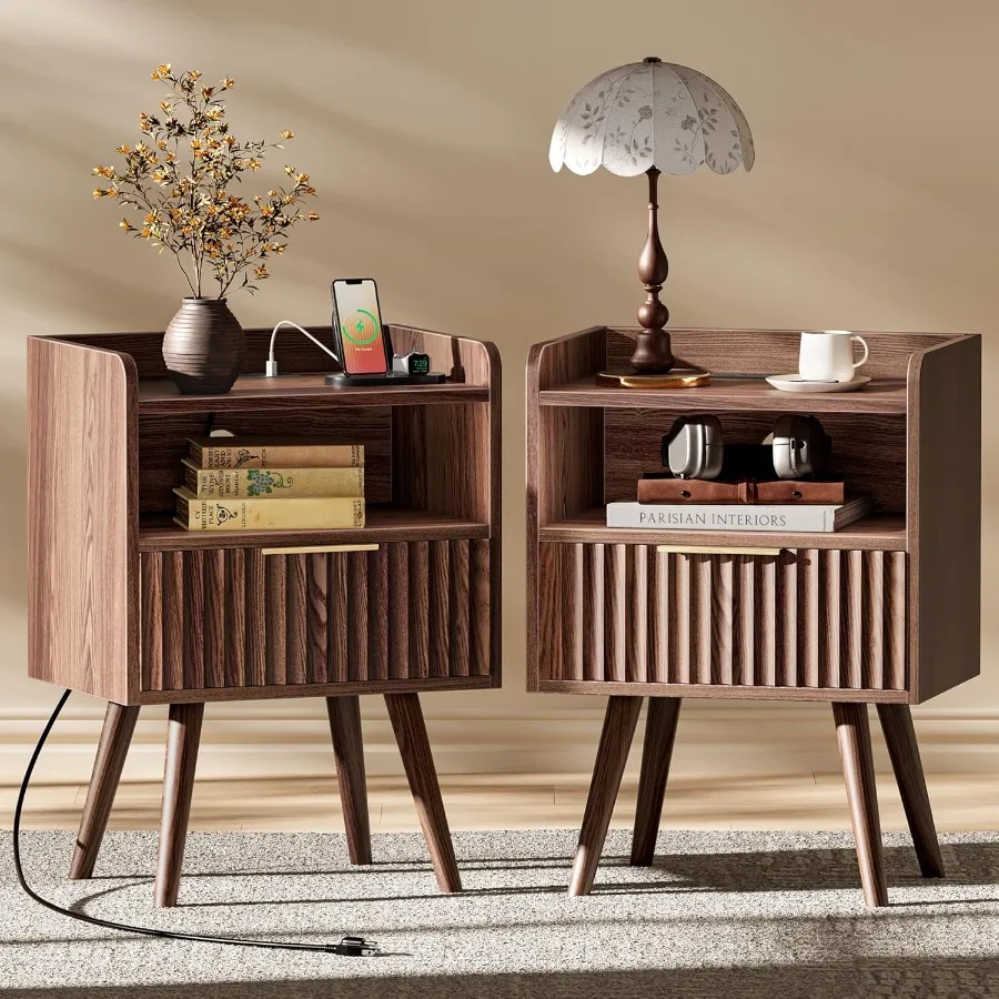 Nightstand with Charging Station USB-C Port Fluted Night Stand Set of 2 Bed Side Table with Drawer Solid Wood Feet Open Storage