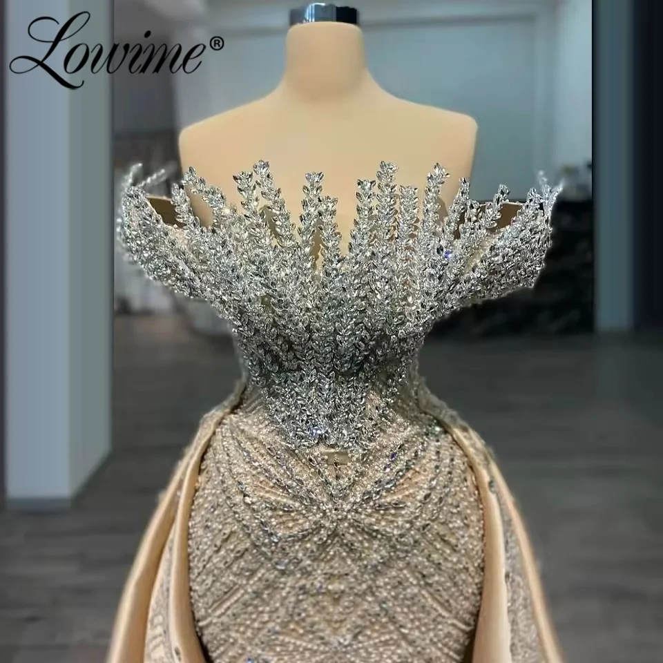 

Champagne Arabic Evening Dress Off The Shoulder Crystals Mermaid Formal Occasion Prom Dresses With Detachable Train Customized