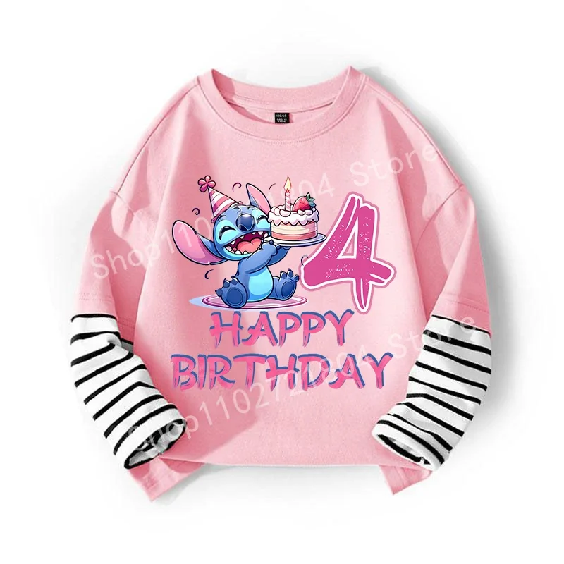 Stitch Disney Number Fake Two Pieces T-shirt Girl's Birthday Clothes Kawaii Round Neck Tees Cotton Tops Fashion Girls Clothing