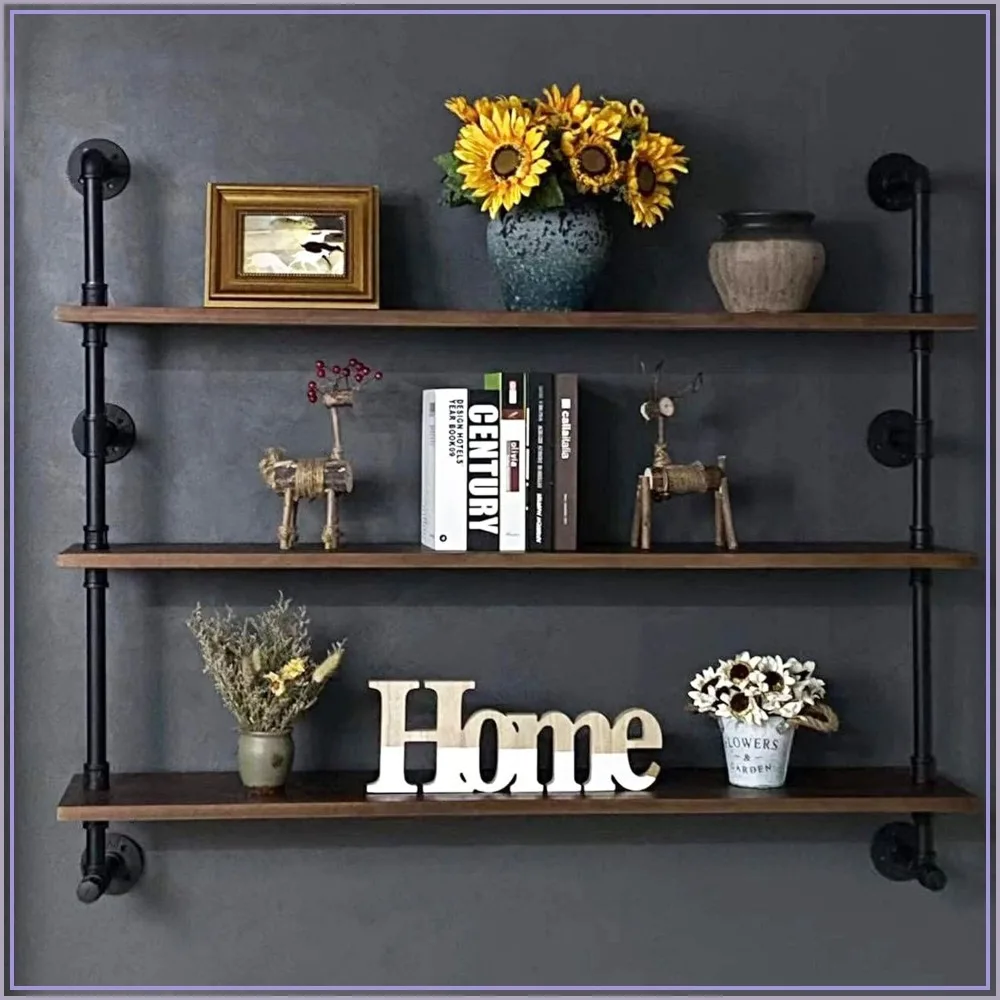 

Industrial Pipe Wall Shelves with Real Wood Plank, 48 Inches Floating Shelves for Farmhouse Kitchen Living Room Decor, 3 Tier Dark Brown