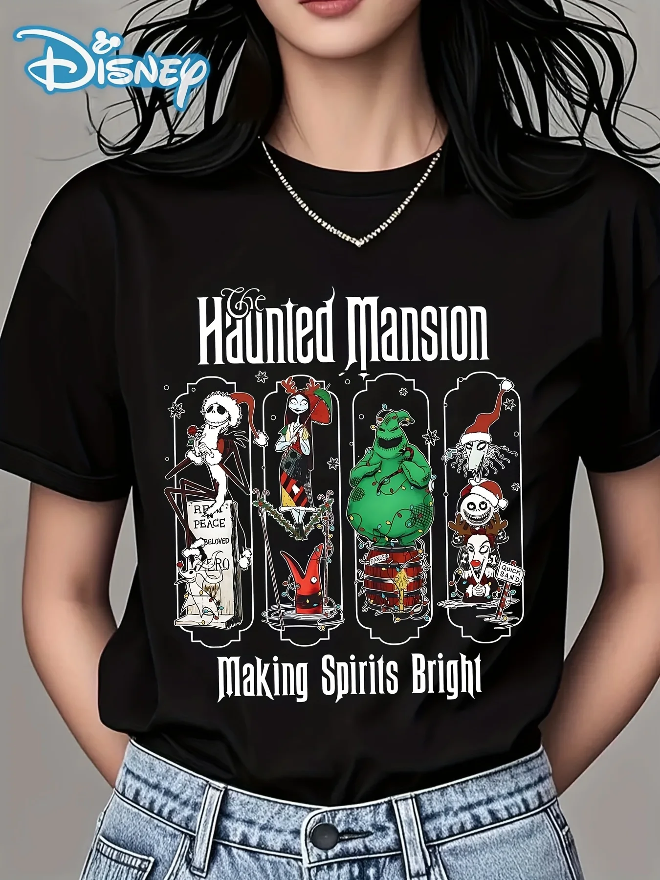 

Christmas Eve Horror "graphic T-shirt - Round Neck, Designed By Jack Skelington, Sally, and" Ghost House Lights Up Spirit "