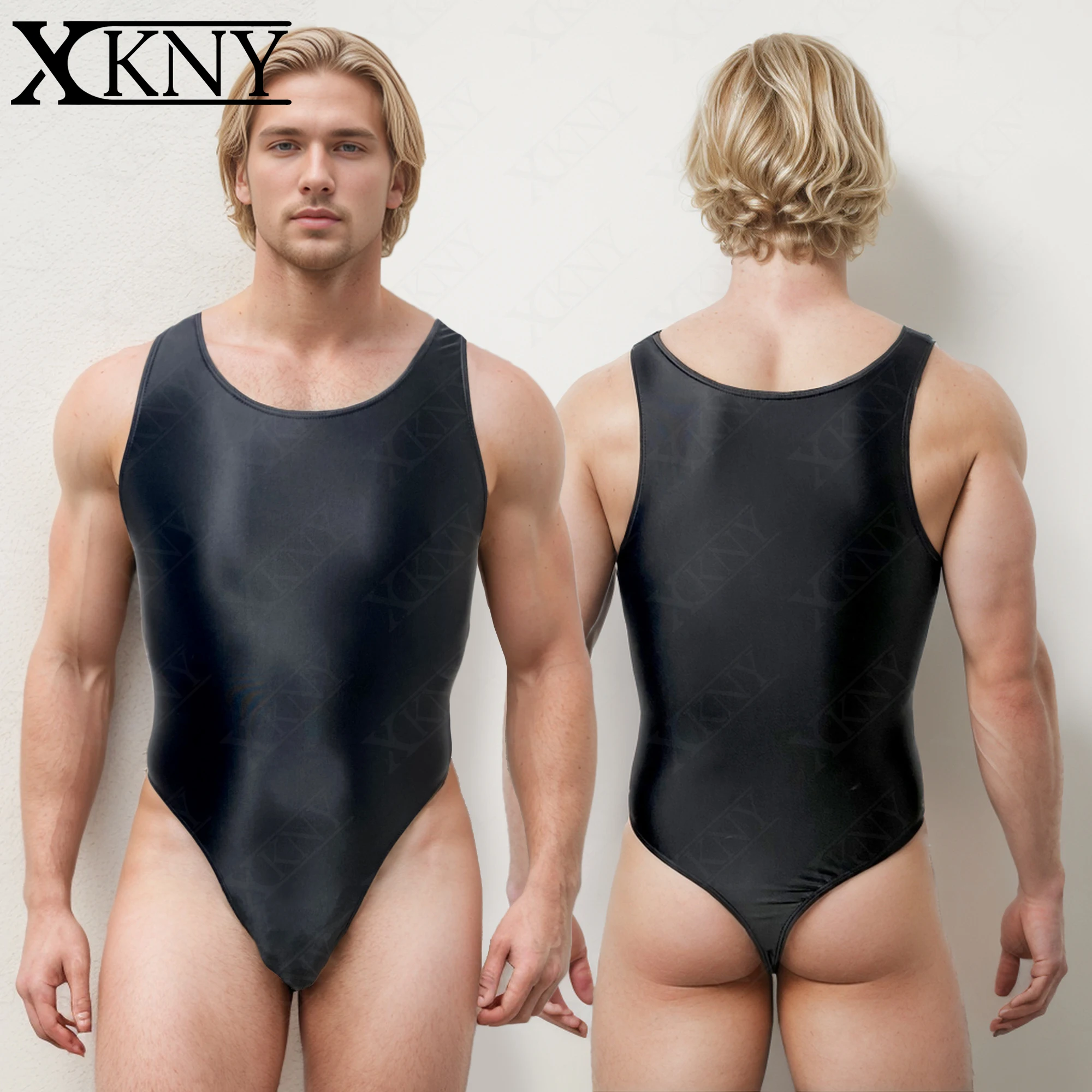 XCKNY satin glossy men\'s swimsuit silk glossy T-shaped swimsuit yoga swimming casual tight fitting suit