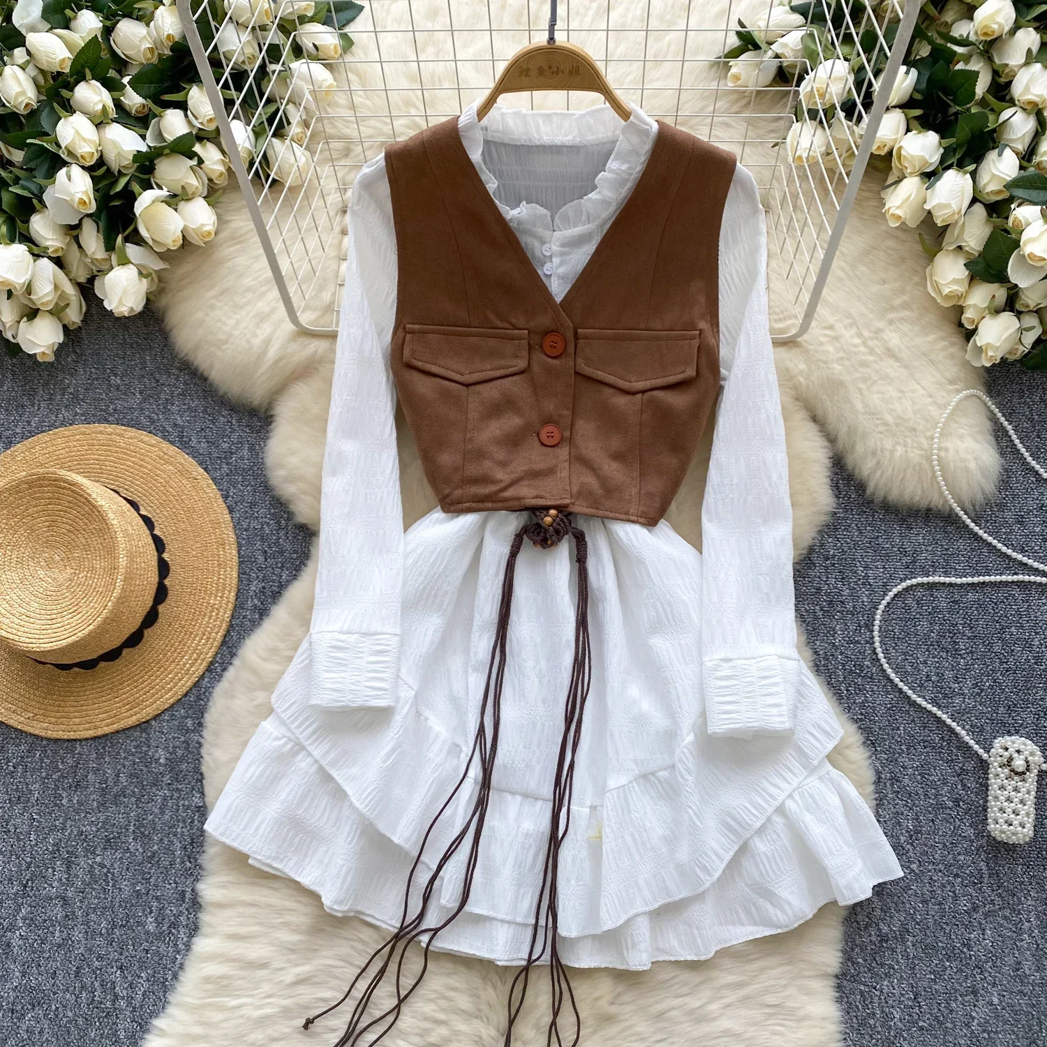 Chic Women Two-Piece Sets Long Sleeve Basics O-neck Bandage Ruffle Dress and Slim Single Breasted Vest Korean Autumn Clothing