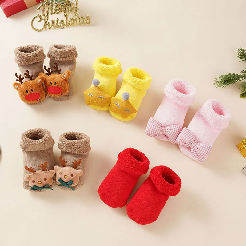 Newborn Baby Christmas Socks Children's Floor Socks with Cute Doll for Girls Boys Non-slip Cotton Infant Short Socks Clothing