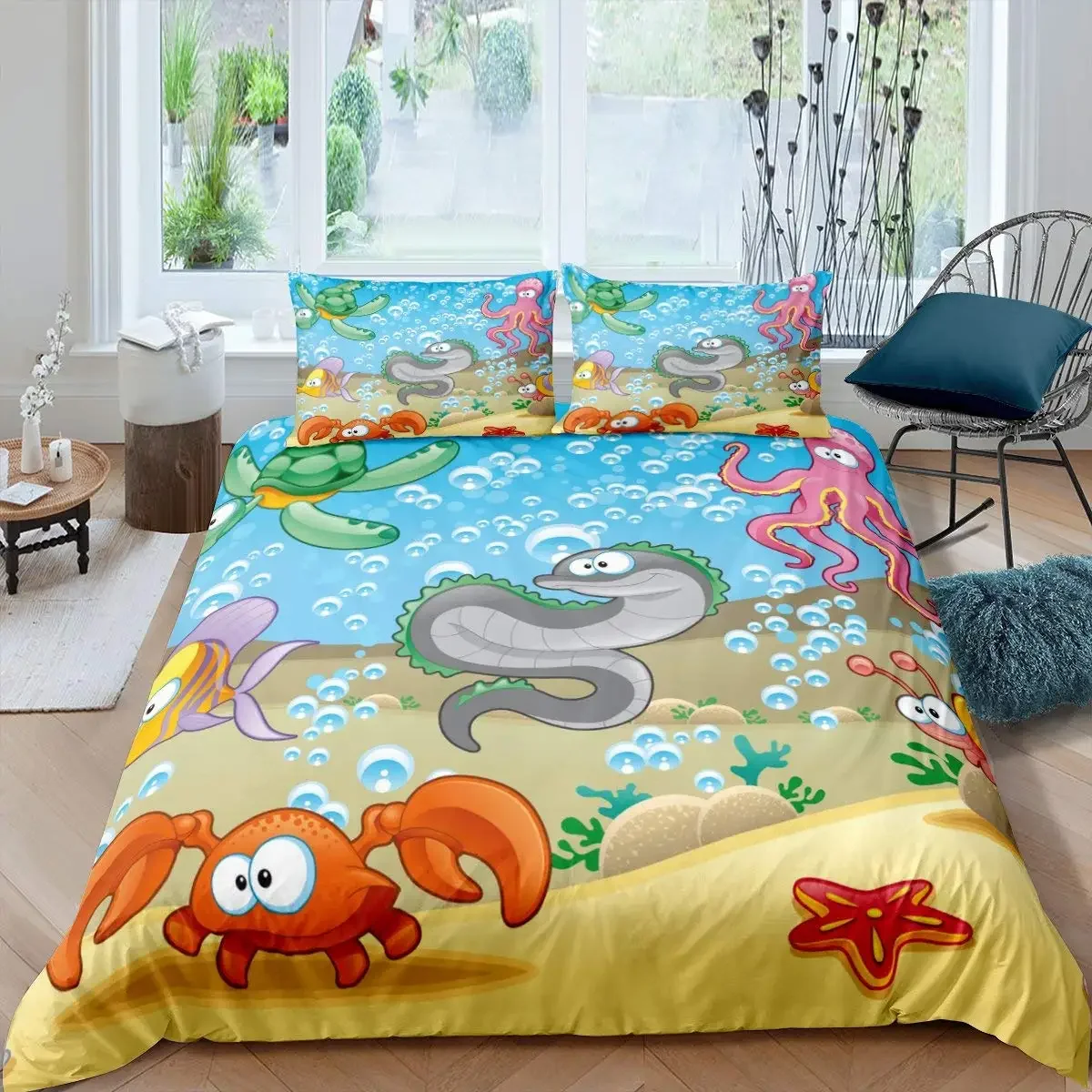 Kids Cartoon Ocean Animal King Queen Bedding Set Underwater World Duvet Cover Marine Life Quilt Cover Polyester Comforter Cover