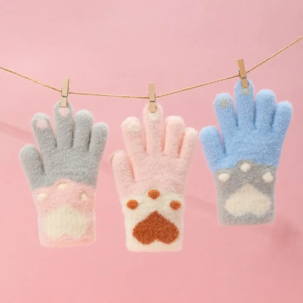 Guantes bonitos y gruesos de felpa para niños, manoplas peludas con dedos completos y pata de gato, guantes granizados para niñas de 4 a 8 años