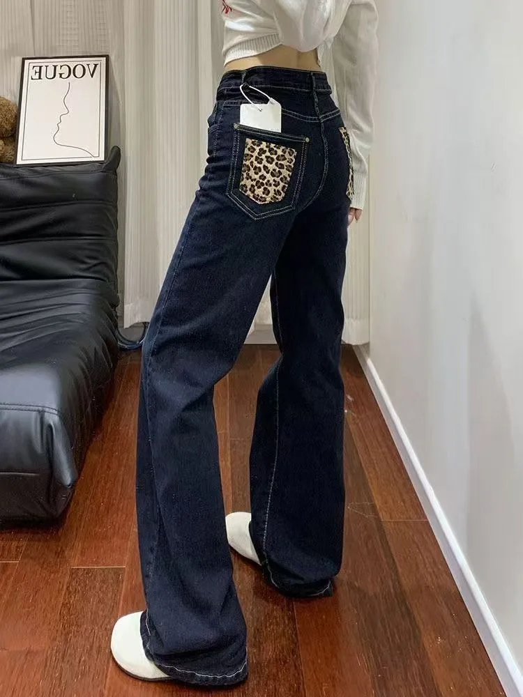 2026 Ropa Y2K Fashion Leopard Patchwork Pockets Baggy Women's Jeans Pants For Woman Clothing Straight Dark Blue Denim Trousers