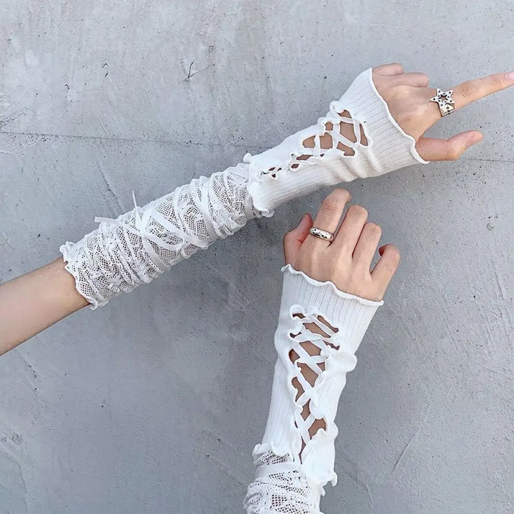 Style Lace Fingerless Gloves Y2K Balletcore Arm Sleeves Summer Sun Protection Elastic Bandage Trendy Accessory