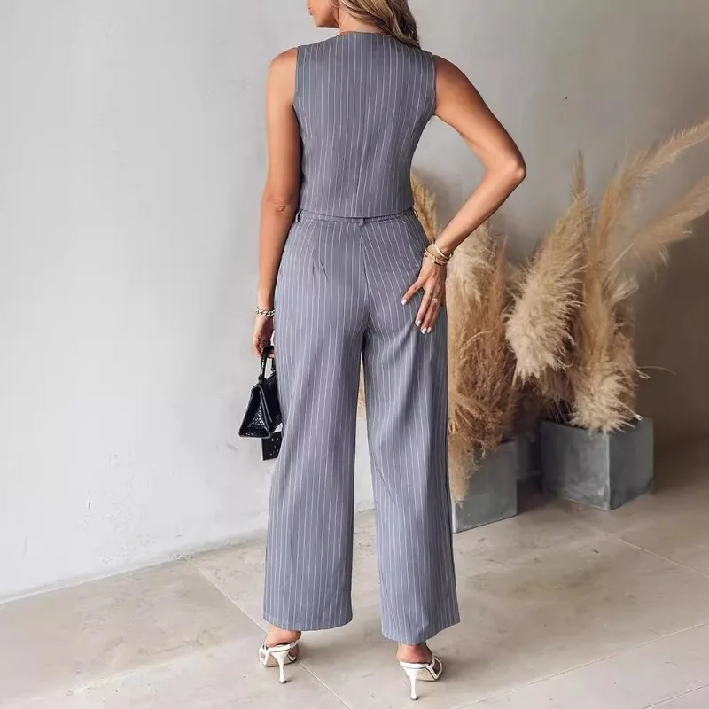 2pcs Clothes Set Spring Summer New Women\'s Clothing Striped Button Vest Wide Leg Trousers Suit