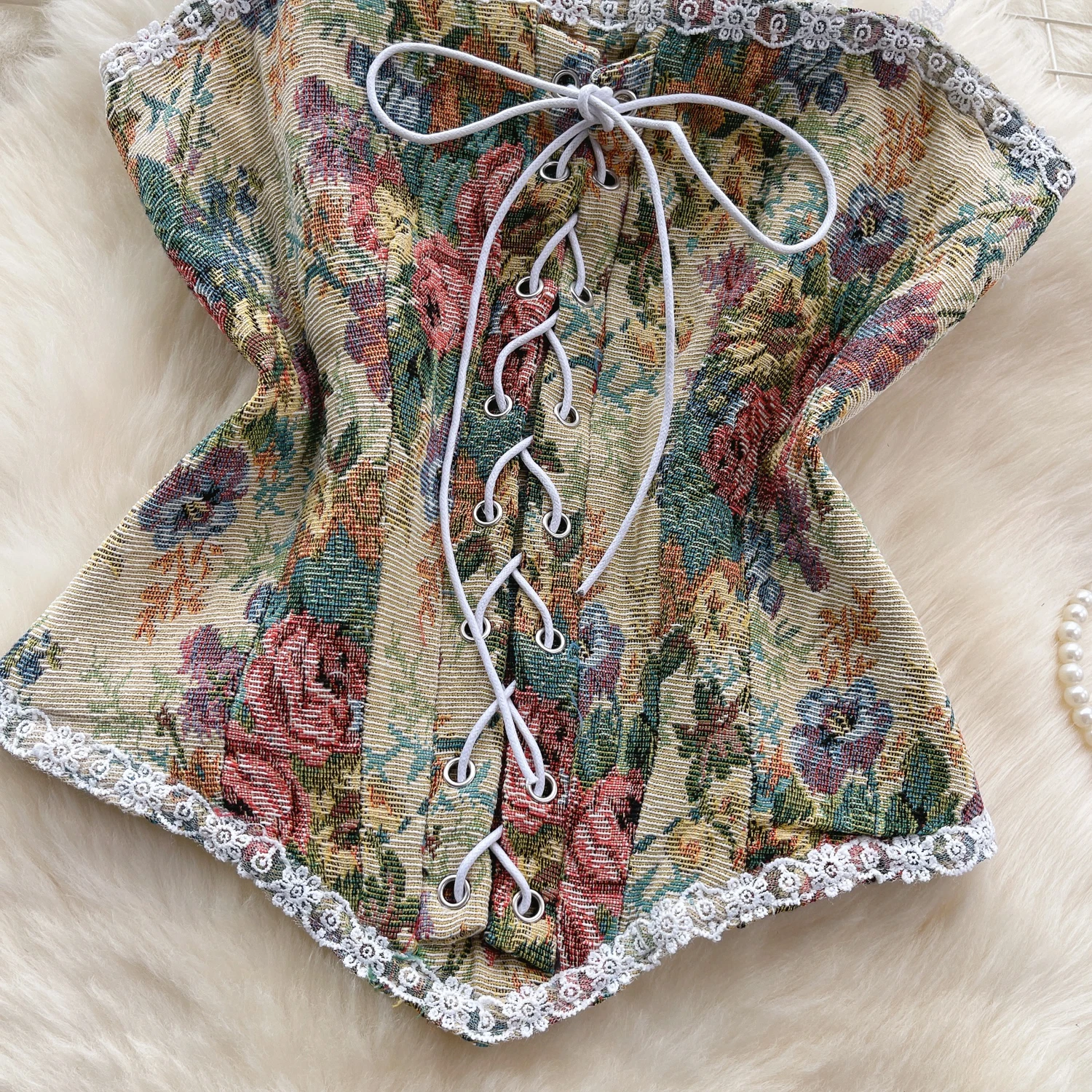 Chic Retro Print Lace Camis bandage French Fashion Tank Top Slim Crop Top Sexy Women Summer Tops Ins