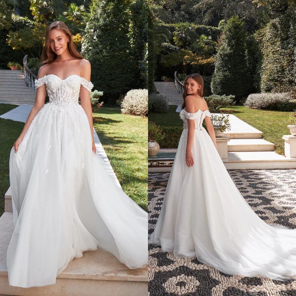 맞춤형 절묘한 흰색 Strapless 오프 어깨 짧은 소매 웨딩 드레스 우아한 채플 트레인 Backless Bridal 가운