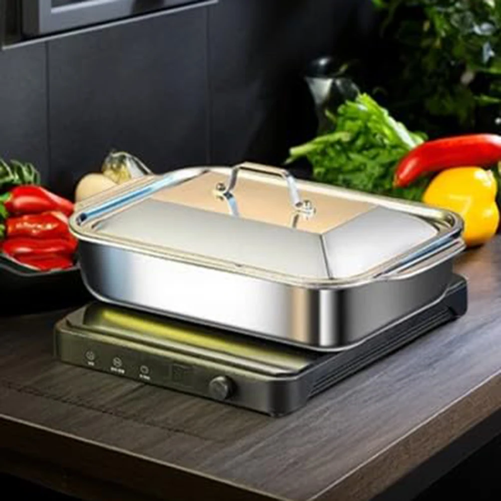 مقلاة Lasagna من الفولاذ المقاوم للصدأ مقاس 18 × 11 بوصة من الدرجة التجارية مع عمق 3 بوصة وغطاء ومقابض تعمل باللمس البارد للطهي بالفرن إلى الطاولة