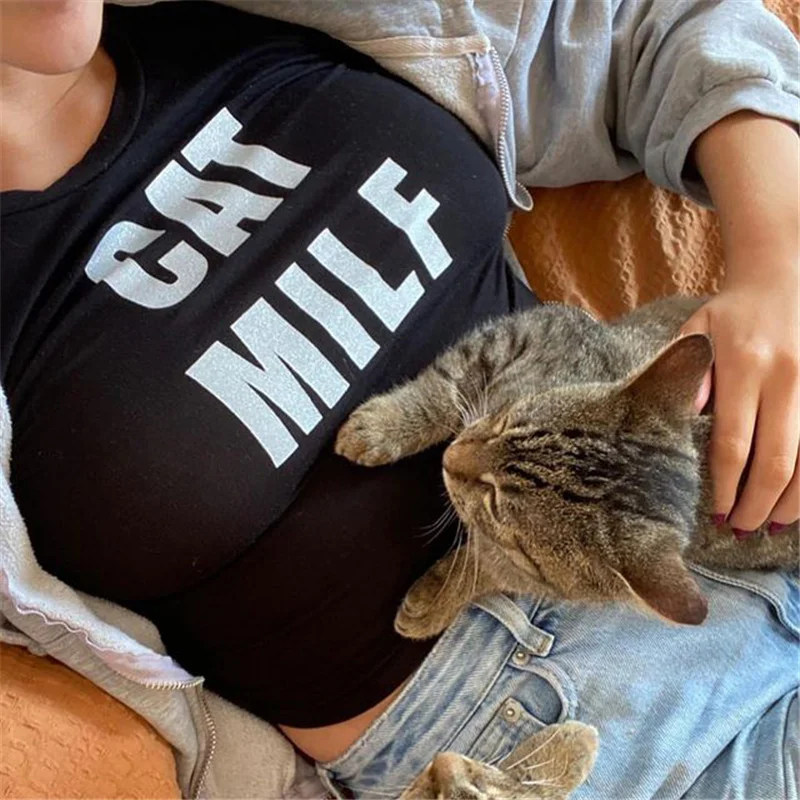 E-girl Gothic Grunge Crop Tops Women Kawaii CAT MILF letter Print Short Sleeve t-shirt Summer Women's clohtes streetwear Emo