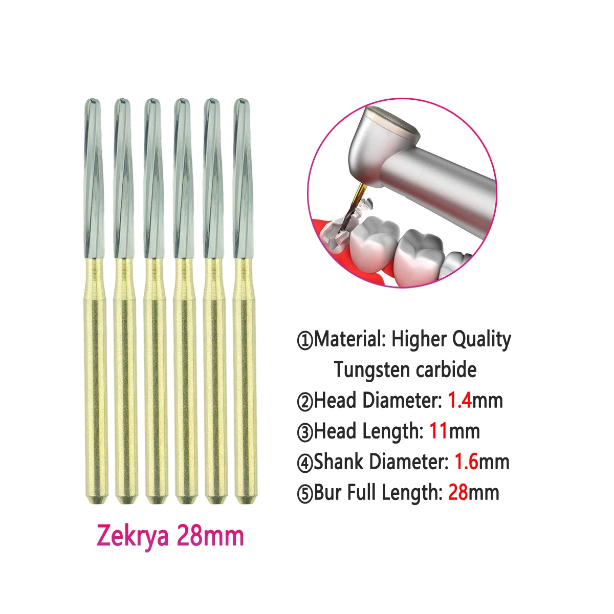 Broca Dental Série FG, Zekrya Tooth Extraction Burs, Endo Z Carbide, Tungsten Burs para alta velocidade Handpiece, 6pcs por caixa