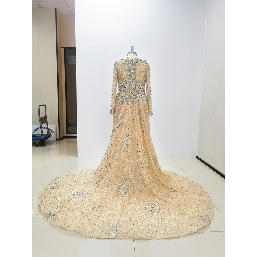 Robe de Soirée de Forme Sirène à Paillettes et Col en V pour Femme, Tenue de Bal Luxueuse Exquise avec Perles et Traîne, Quelle que soit la Mode