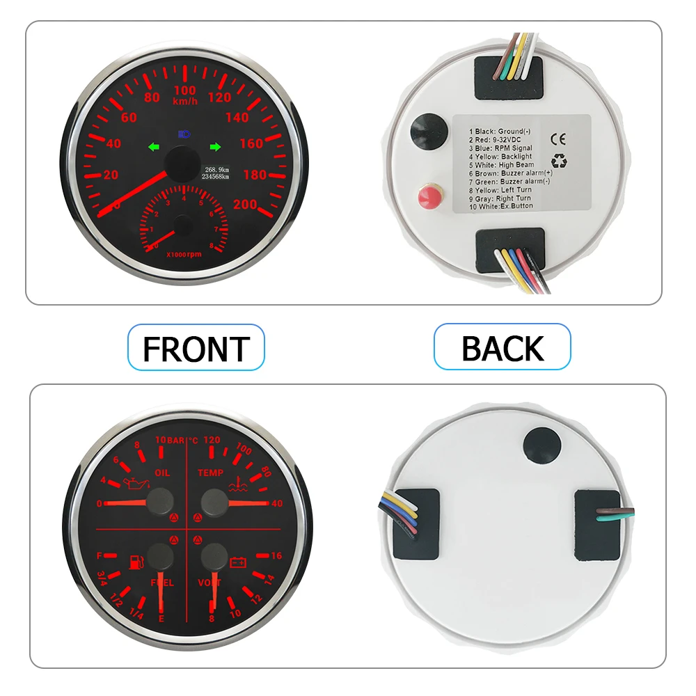 ELING 12 فولت 110 مللي متر 4in1 مقياس متعدد الوظائف مستوى الوقود درجة حرارة الماء. عداد السرعة GPS لضغط الزيت 0-120 ميجا في الساعة مع مقياس سرعة الدوران 8000 دورة في الدقيقة #5