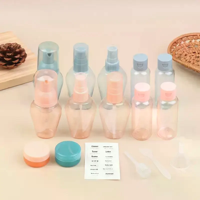 10-teiliges tragbares Reiseflaschen-Kulturbeutel-Set, auslaufsicheres Set, klare Kosmetikbehälter in Fluggröße für Lotion, Shampoo