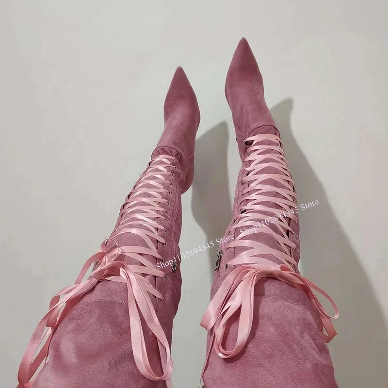 Pink Lace Up Fleece Boots Thin High Heel Over Knee High Fashion Cool Sexy 2024 Casual Big Size Woman Shoes Zapatillas Mujer