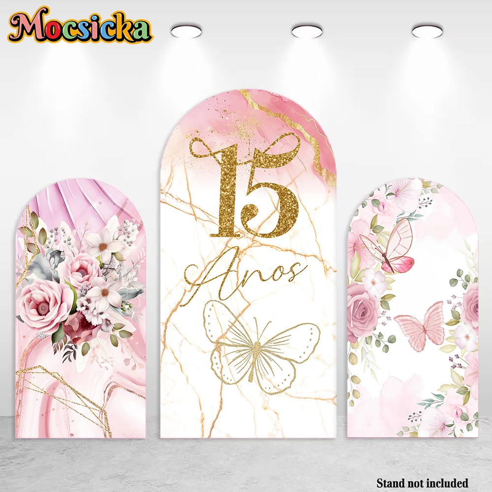 Mocsicka Pink Quinceanera Birthday Arch Backdrop Cover for Girl 15th Birthday Dress Flower Butterfly Glitter Photoshoot Booth