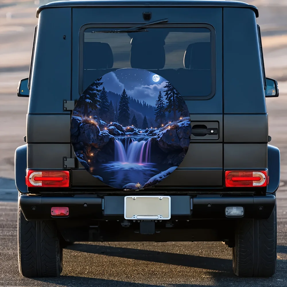 1pc 2D Flat Printing Tire Cover Moonlight Falls Fabric Without Electricity Road Trip For Outdoor Parking Tire Covers, 2D Flat