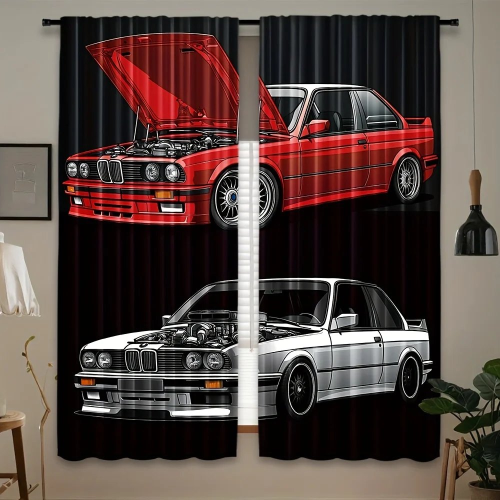 Lot de 2 rideaux au design de voiture tendance, draperies en polyester durables, adaptées au salon, à la chambre à coucher et à la cuisine, lavables