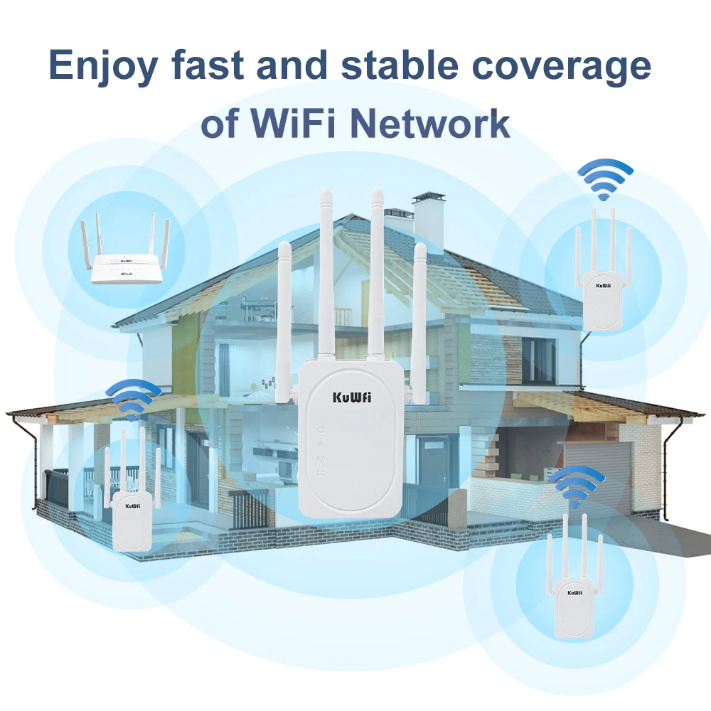 KuWFi 2.4G 5GGHz Dual Band Wireless WiFi Extender 1200Mbps WiFi Router Wall Mounted Enhancing Network Amplifier Wi-Fi Repeater