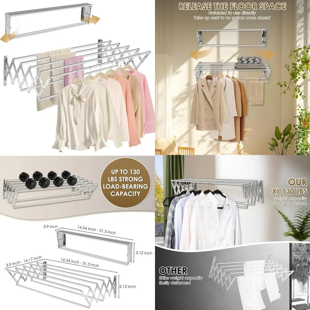 

Выдвижная настенная сушилка для одежды большой емкости — нержавеющая, складная, емкость 130 фунтов, простая в использовании