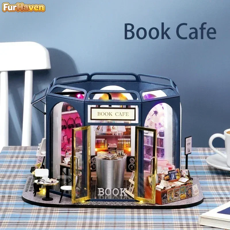 Book Cafe Shop Cottage Doll House DIY Casa Wooden Dollhouse Kit Miniature with Furniture for Adults Handmade Christmas Gifts