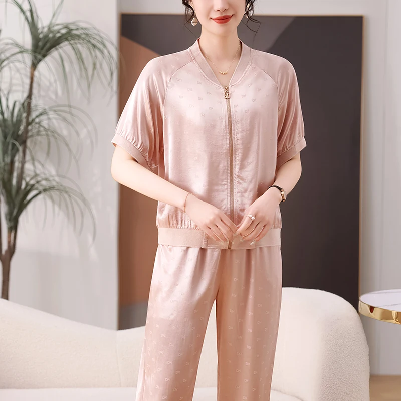 

Summer Outfit Set Casual Sports ort Sve Women's Mid-Aged Mom Middle-Aged Summer ort Sve Open Cardigan Faionable L...