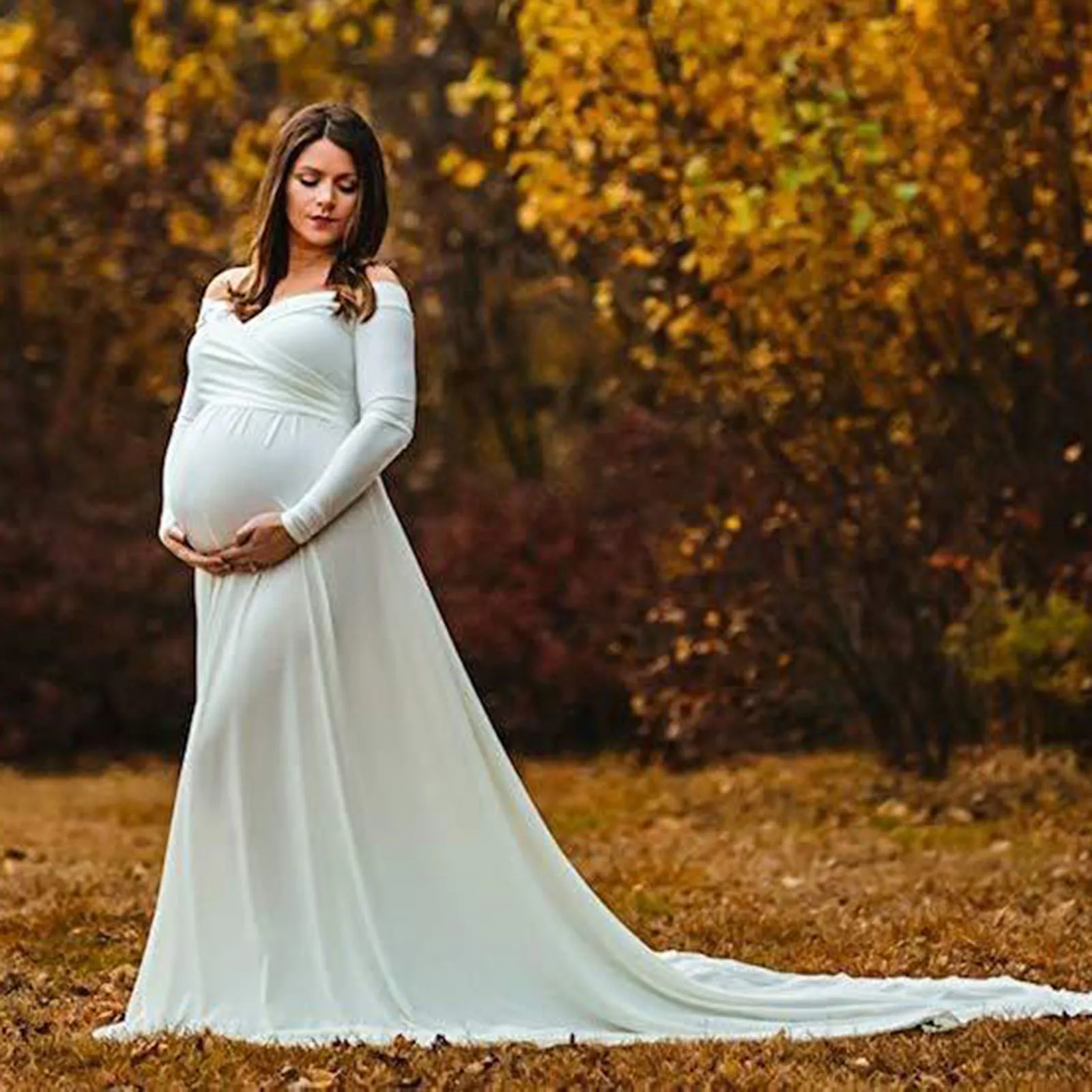 

Womens Maternity Dress Sexy Off Shoulders Long Sleeve Photography Pregnants Dresses Solid Color Princess Dress Photo Props