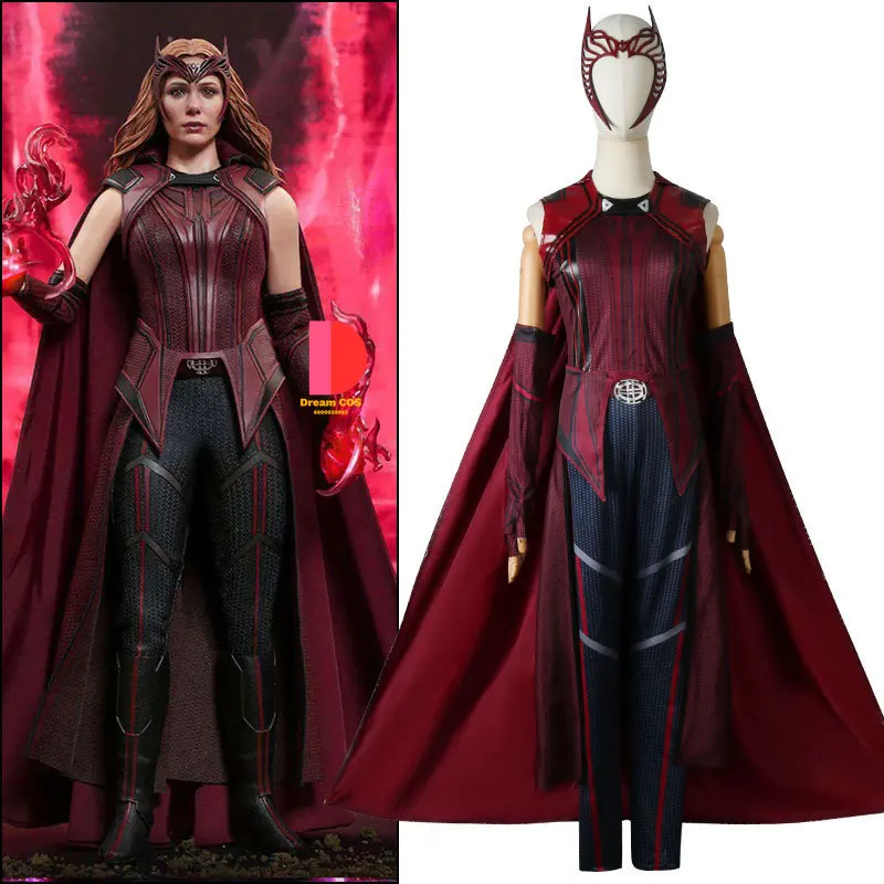 Hot Wanda Maximoff Kostuum Cosplay Outfit Halloween Vrouwen Superheld Jurk Up Scharlaken Heksenhoofddeksels Exclusief Ontwerp Volledige Set