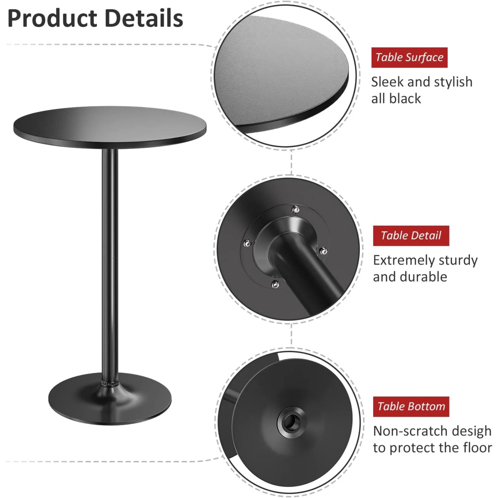 US Bistro Table 2 pak bulat Bar tinggi meja koktail basis logam MDF Top meja Obsidian dengan kaki hitam