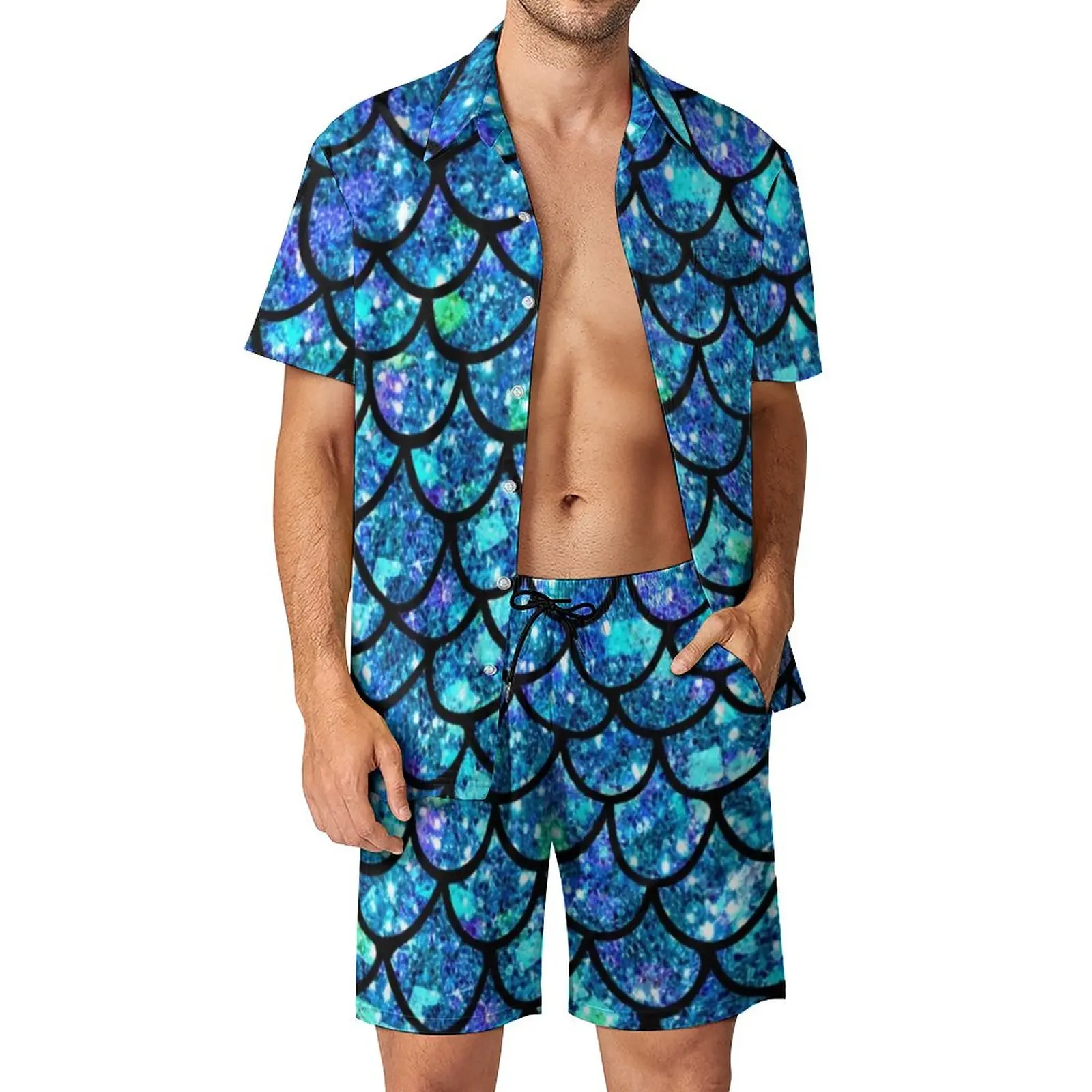 

Sparkly Mermaid Scales Men Sets Magical Colorful Print Hawaii Casual Shirt Set Short-Sleeved Shorts Summer Outdoor Suit Big Size