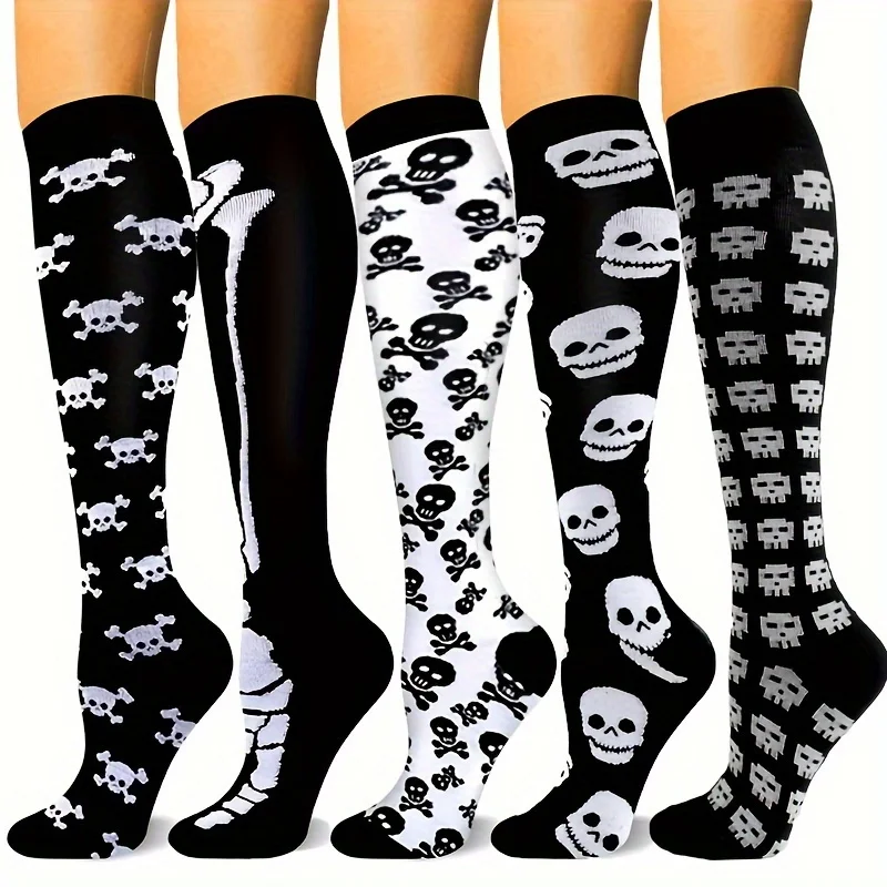 5 pairs of compression socks for men and women couples Halloween long tube exercise fitness funny big bones skull socks