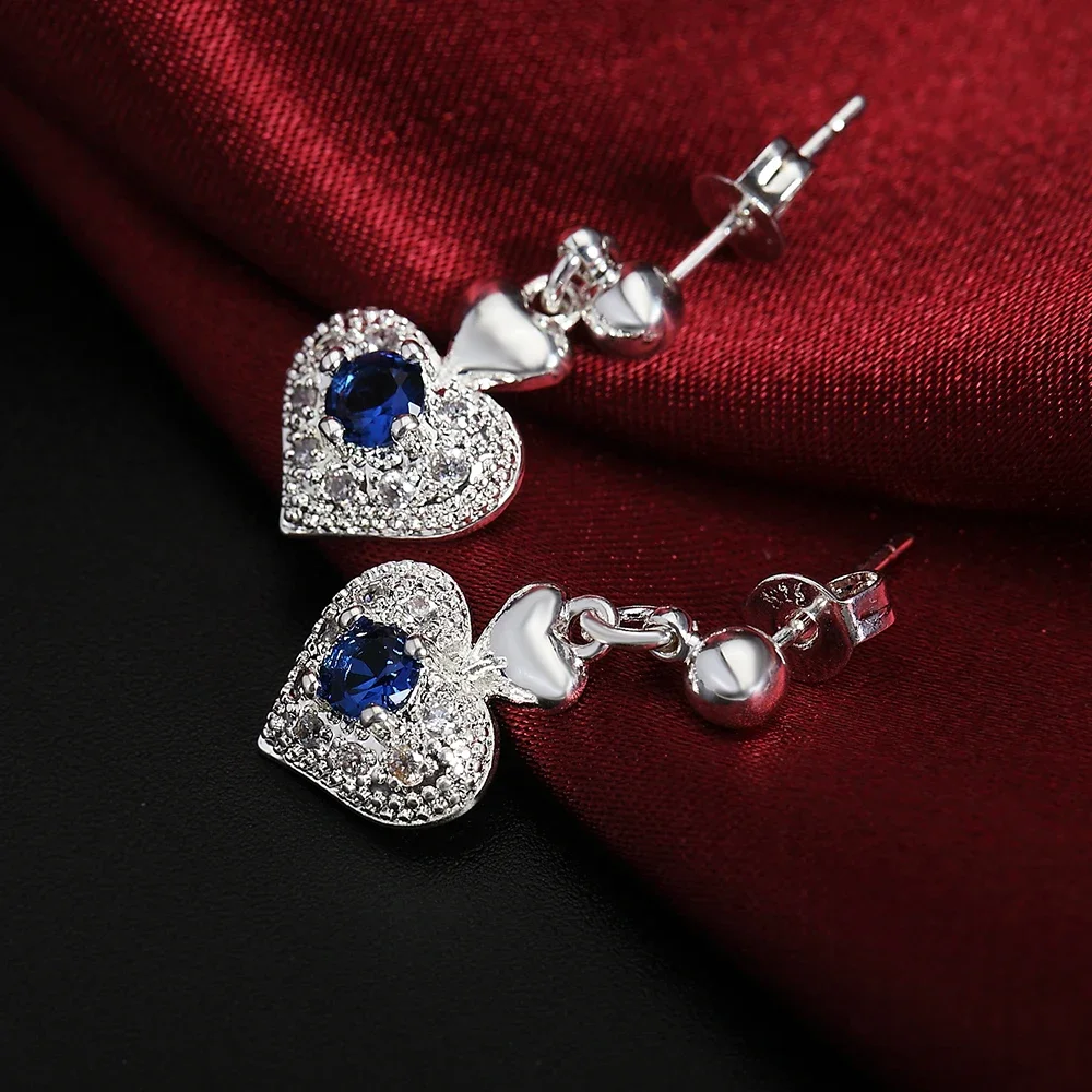 925 Sterling Silver Blue crystal heart pendant necklace earrings Jewelry sets for Woman fashion party wedding accessories gifts