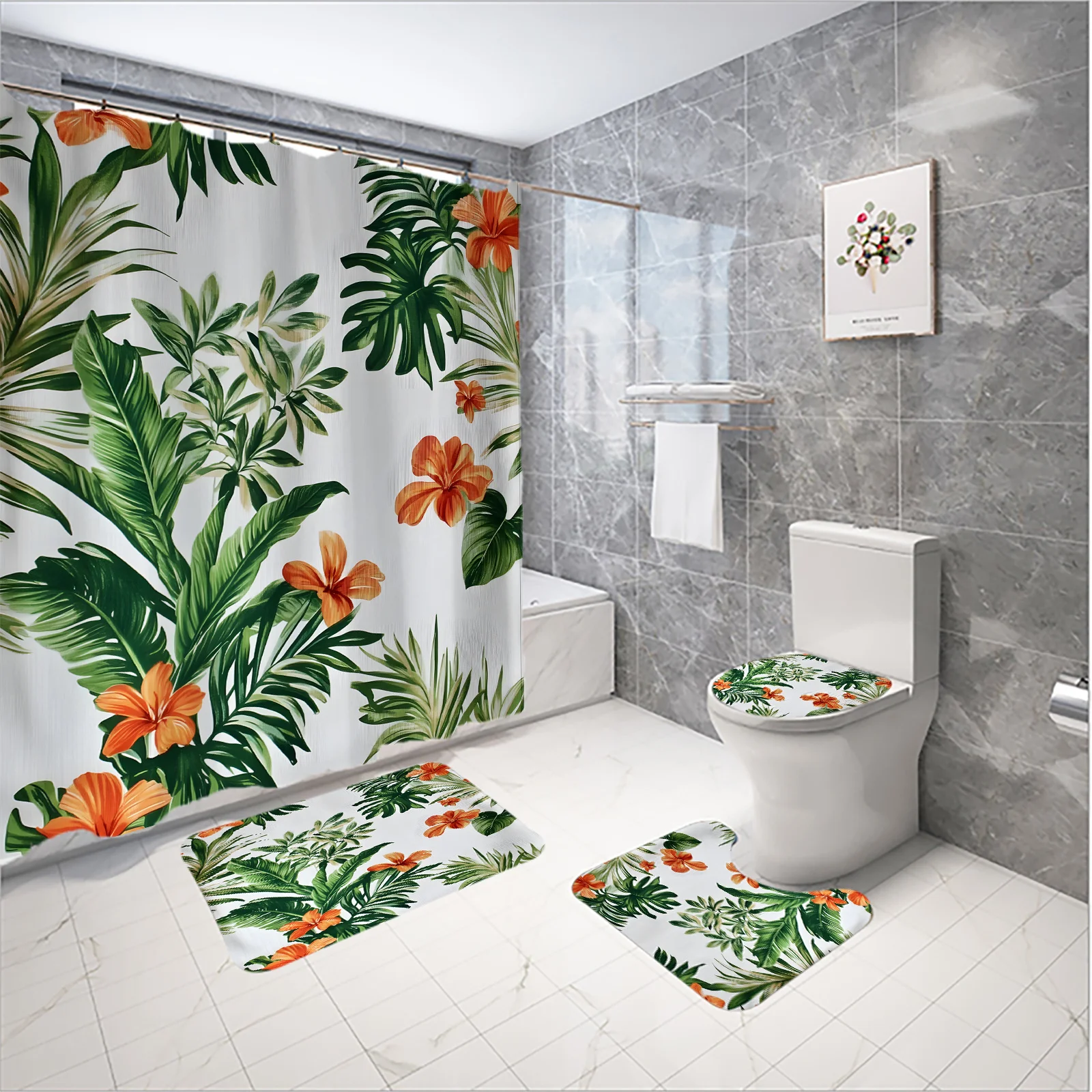 

4 шт., набор занавесок для душа с тропическим лесом и романтическим цветочным зеленым узором, декоративная занавеска для ванной комнаты, чехол на сиденье унитаза