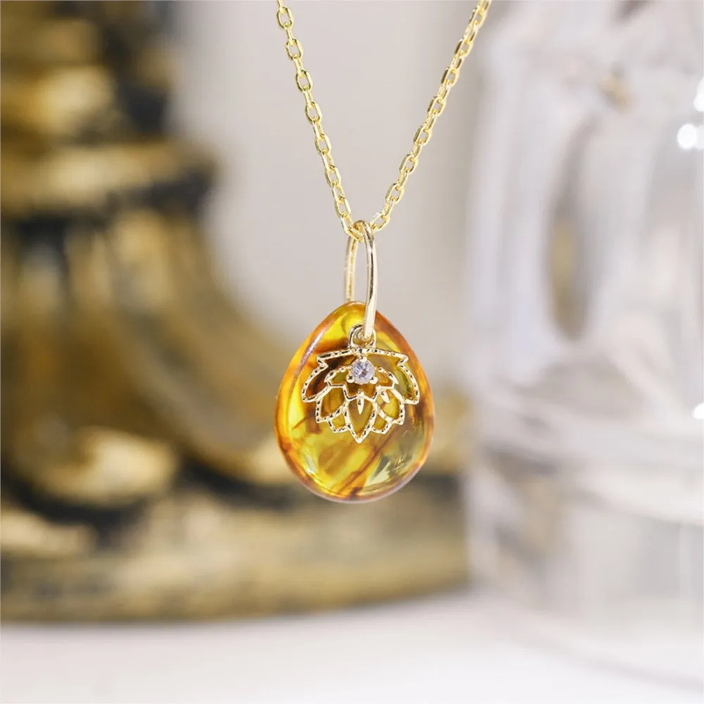 LAMOON Natural Cordierite Artificial Amber Pendant Necklace For Women Eleagant 925 Sterling Silver Gold Plated Fine Jewelry Gift