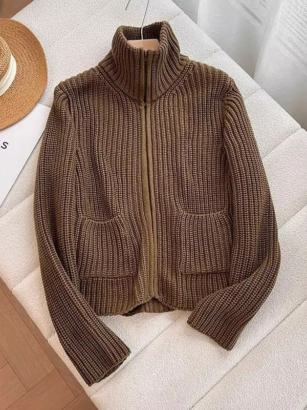 เสื้อโค้ทไหมพรมถักนุ่ม คอตั้งแบบมีซิป สำหรับผู้หญิง รุ่นใหม่ล่าสุด ฤดูใบไม้ร่วง ฤดูหนาว เหมาะสำหรับใส่ไปทำงาน