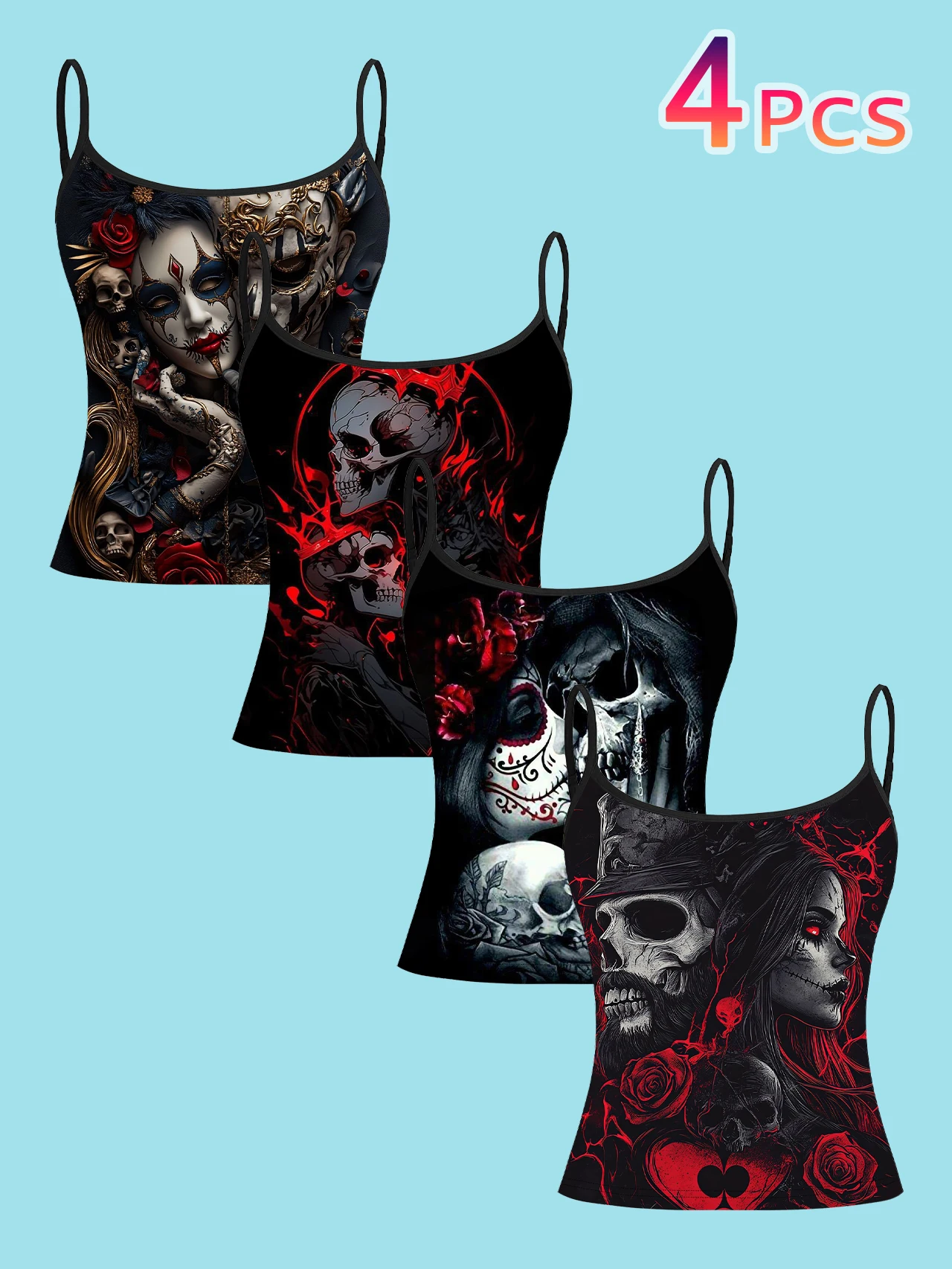 4-Piece Set of Dark Red Rose Flame Skull Gothic Beauty Print Camisole Tops for Women, Halloween Cool Style Spaghetti Strap Slim-Fit Inner Wear Tops