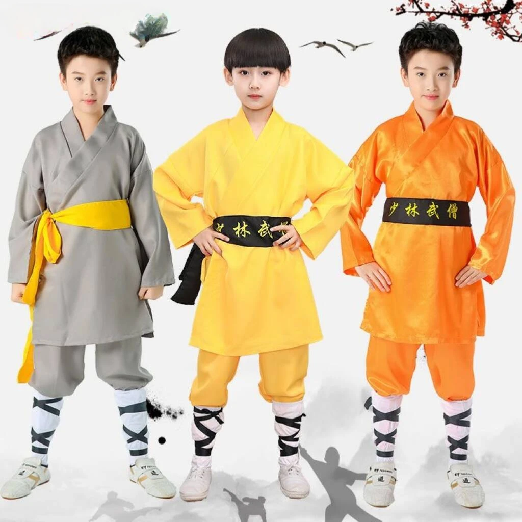 

2024 chinese vintage children wushu monk shaolin kungfu uniform training performance suit martial arts wing chun tai chi uniform