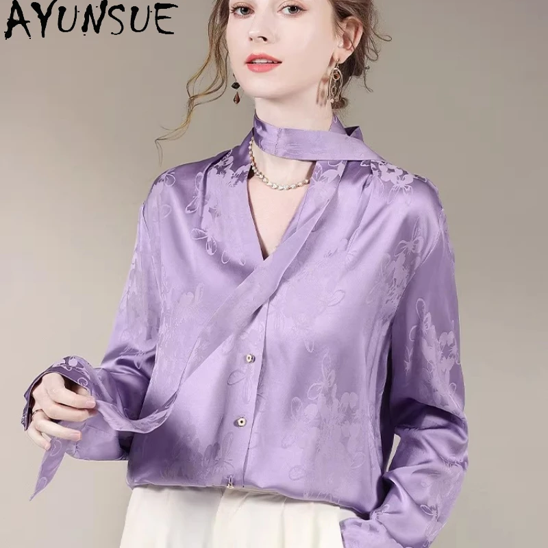 

AYUNSUE 50% Mulberry Silk+ 50% Polyester Womens Tops Elegant Shirts for Women Summer Clothes Lace-up Top Women Платье Женское