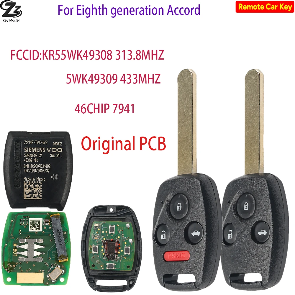 

Zz PCF7941 313.8/433MHZ OriginalPCB KR55WK49308 Car Remote Control Key For Honda Eighth generation Accord 2008+ 2007DJ1482