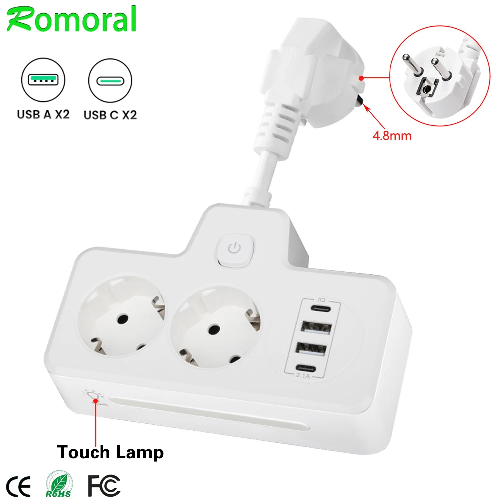 EU Plug Power Strip with USB Multiple Socket 2 Way 2USB 2Type-C Wall Socket Adapter With LED Multiple Plug for Office Home Trave