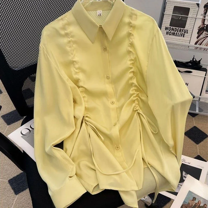 

DAYIFUN-Yellow All-Match Loose Blouse Female Shirring Drawstring Shirt Korean Polo-Neck Single-Breasted Streetwear Spring Autumn