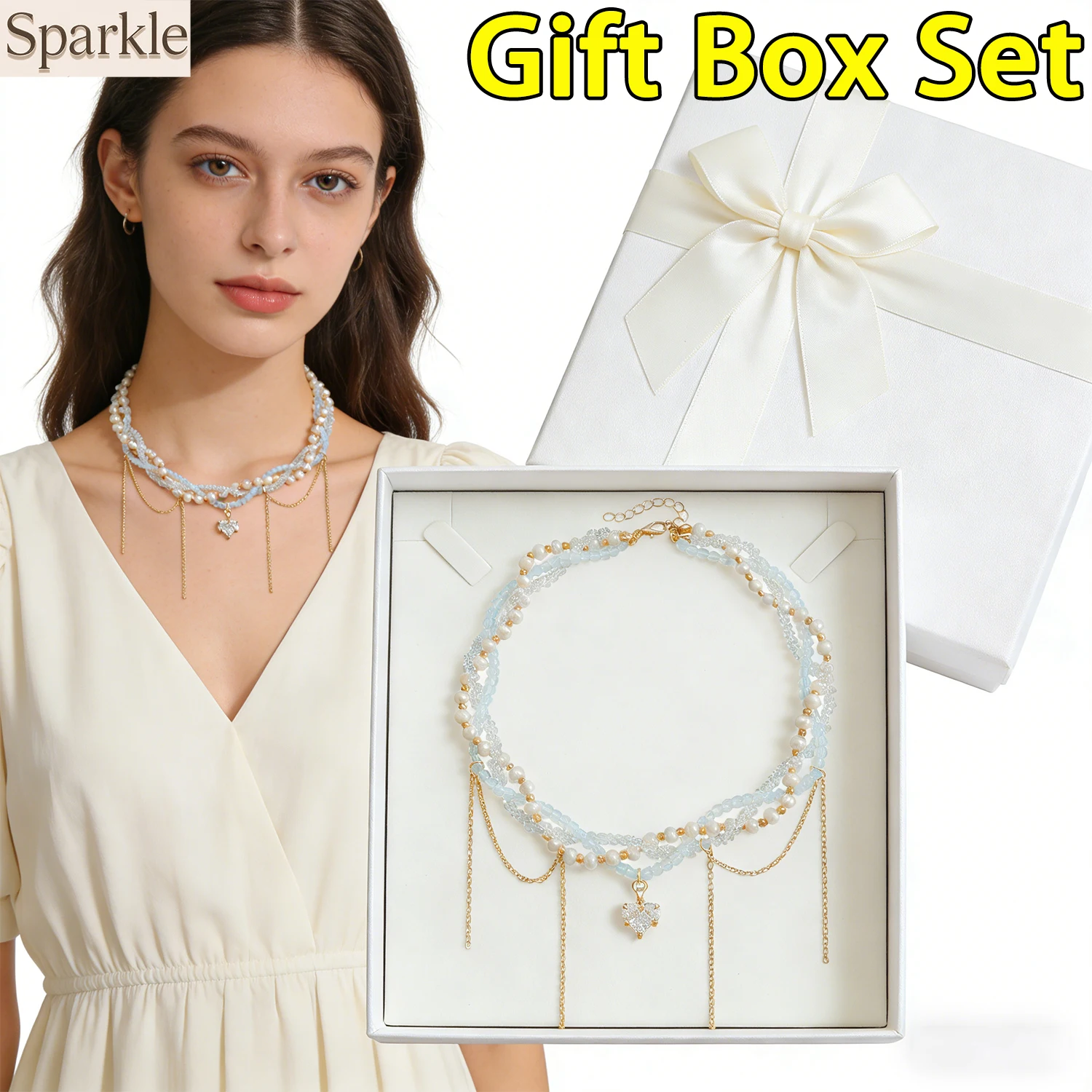 

Sweet Cool Imitation Pearls Multilayer Tassels Necklace Adjustable Crystal Choker with Chain Jewelry Gift Box Set