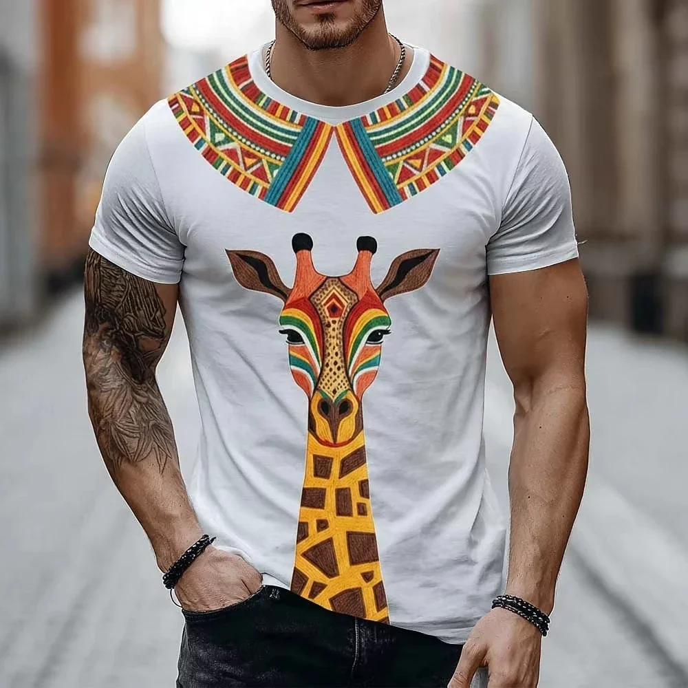 Mens Ethnic African Collar Giraffe Print T Shirt Bohemian Animal Pattern Streetwear Summer Fashion Tops