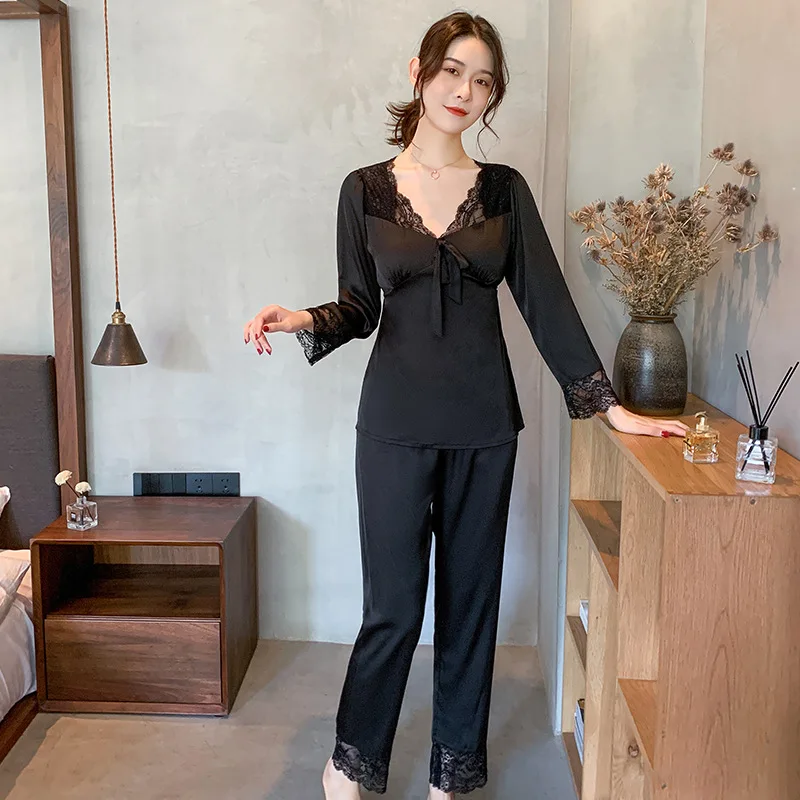 V-Neck Lace Pajamas Set Spring Summer Women Sleepwear Pijamas Suit Intimate Lingerie Casual Female Silky Satin Home Clothes