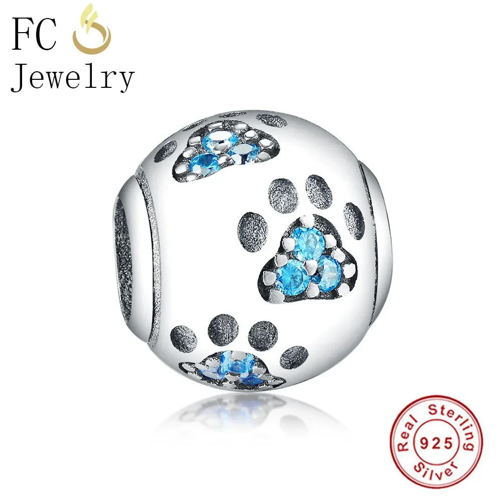 FC Jewelry Fit Original Brand Charms Bracelet 925 Silver Bulldog Paw Print Blue Zirconia Bead Making Bear Footprint Berloque